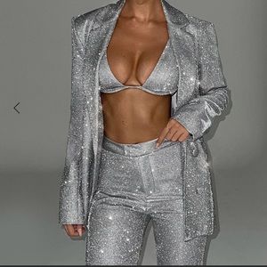 Silver glitter top pants and jacket. Size XS
